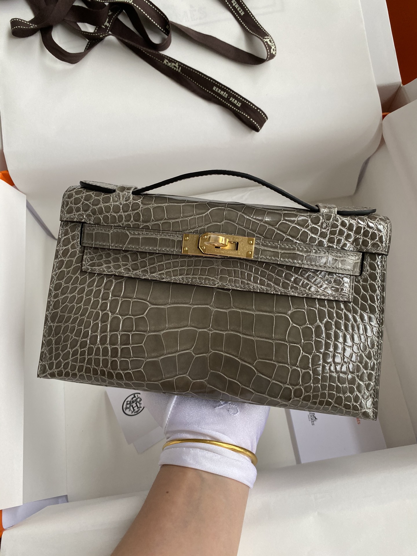 Hermes Mini Kelly Pochette 22cm Bag In Grey Shiny Alligator Leather